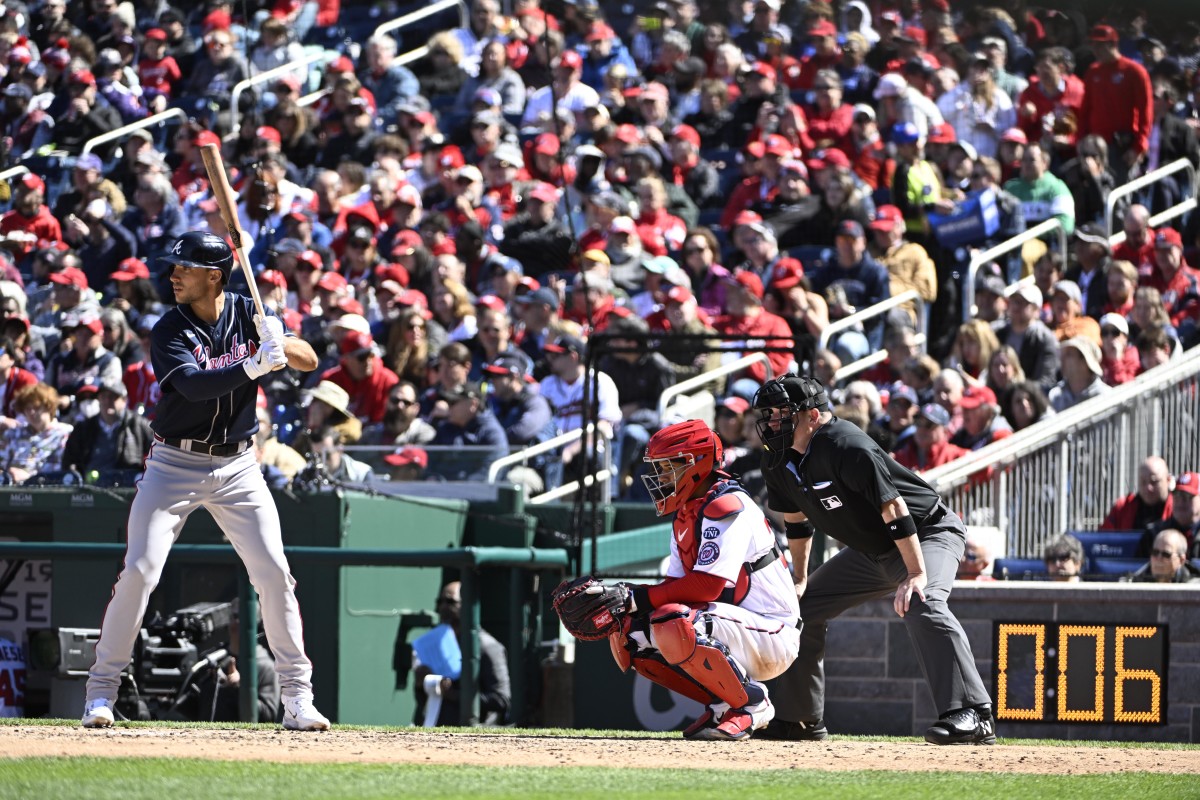 Mar 30, 2023; Washington, District of Columbia, USA; Atlanta Braves first baseman Matt Olson (28) at bat during the fifth inning against the Washington Nationals with pitch clock at Nationals Park. Mandatory Credit: Brad Mills-USA TODAY Sports